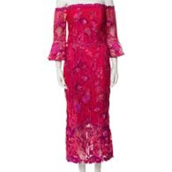 Rare - NWT Marchesa Notte off the Shoulder Lace Midi Length Dress - Size 6 - Picture 2 of 5